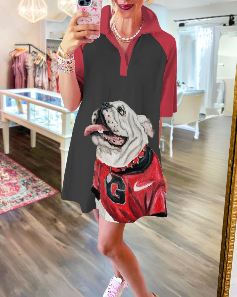 Bulldog Painting Contrast Dress