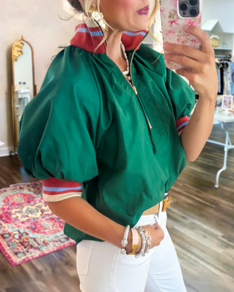 Stripe Trim Half-Neck Zip-Up Top