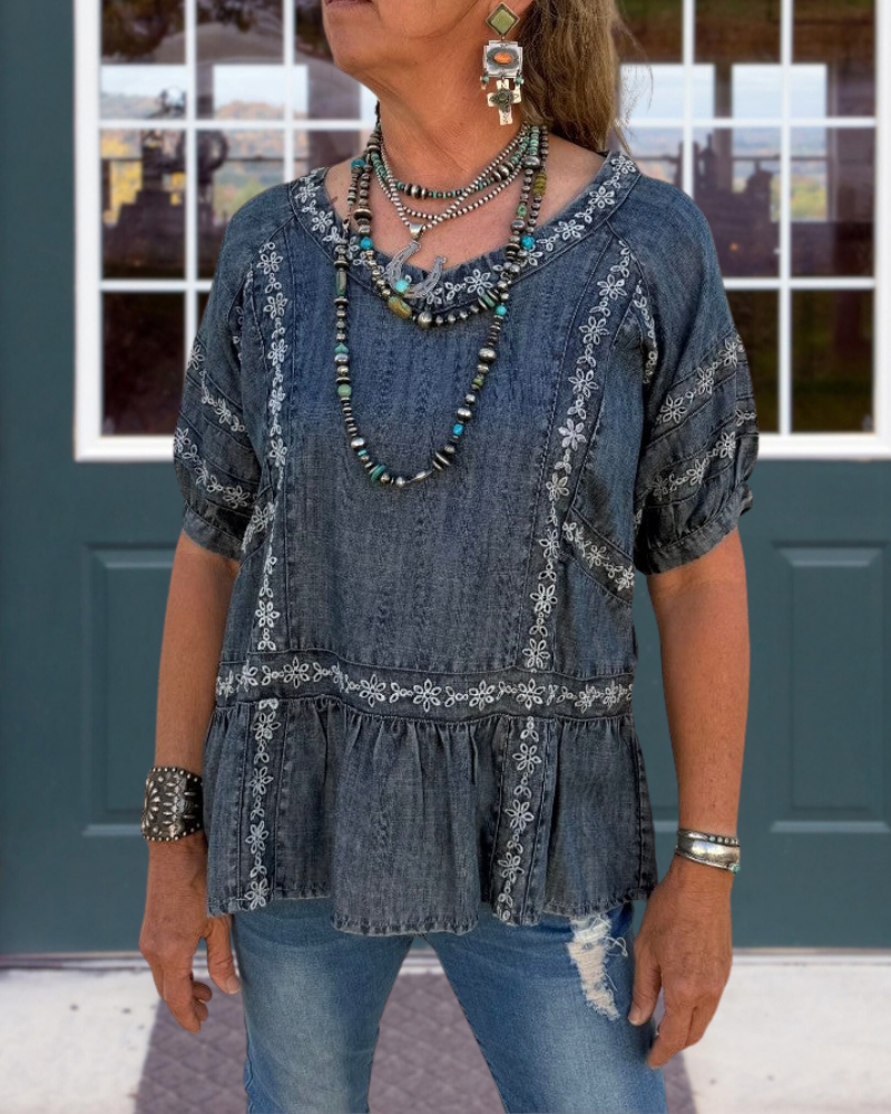 Chic Floral Embroidered Denim Top