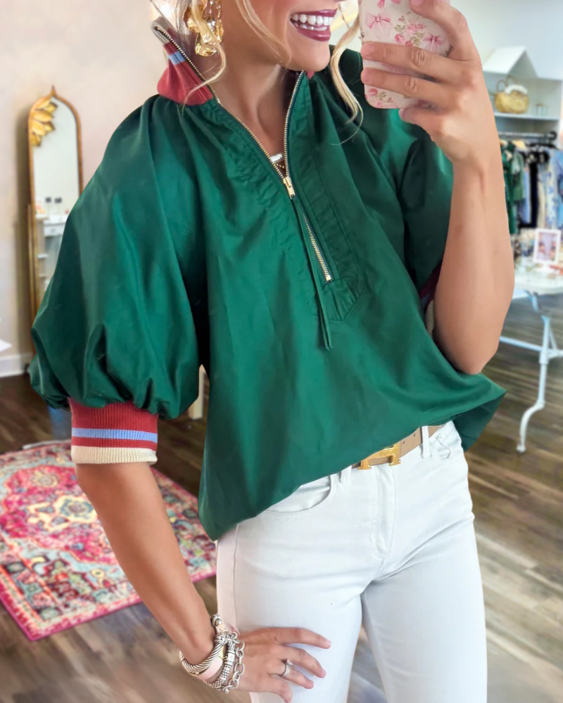 Stripe Trim Half-Neck Zip-Up Top