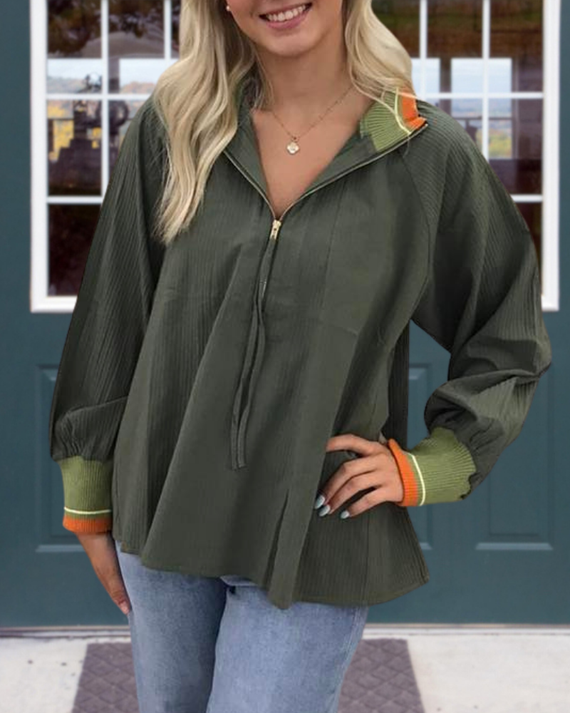 Simple Half-Open Collar Pleated Pullover