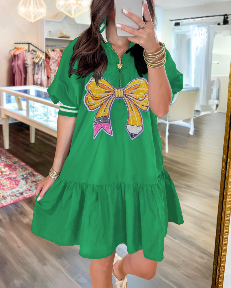 Playful Bow Pencil Half-Zip Dress