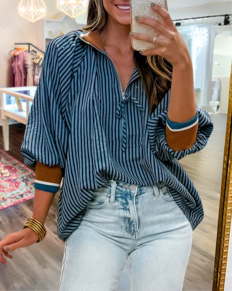 Fashion Contrast Stripe Half-Zip Top