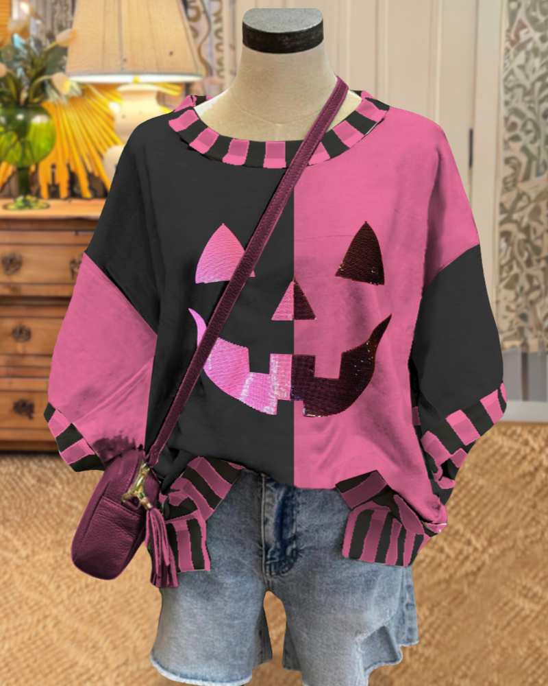 Playful Sequin Pumpkin Colorblock Top