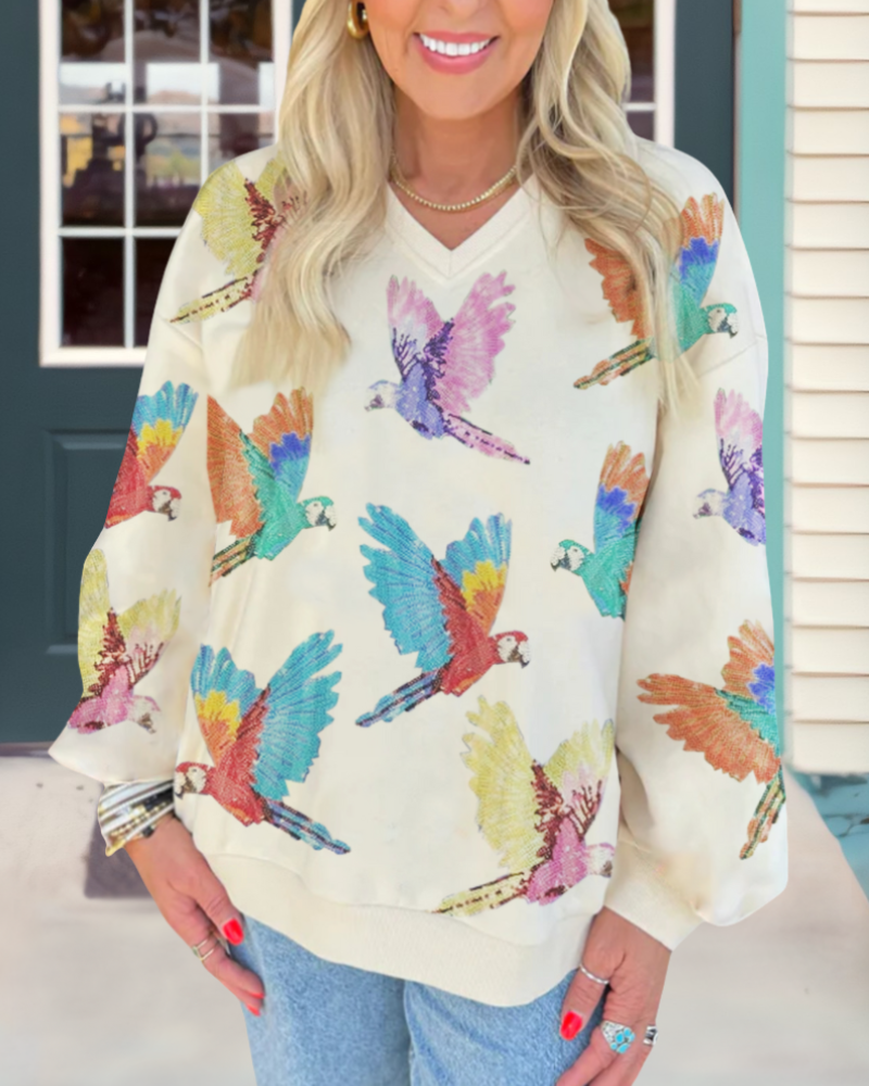 Sequin Parrot V-Neck Top