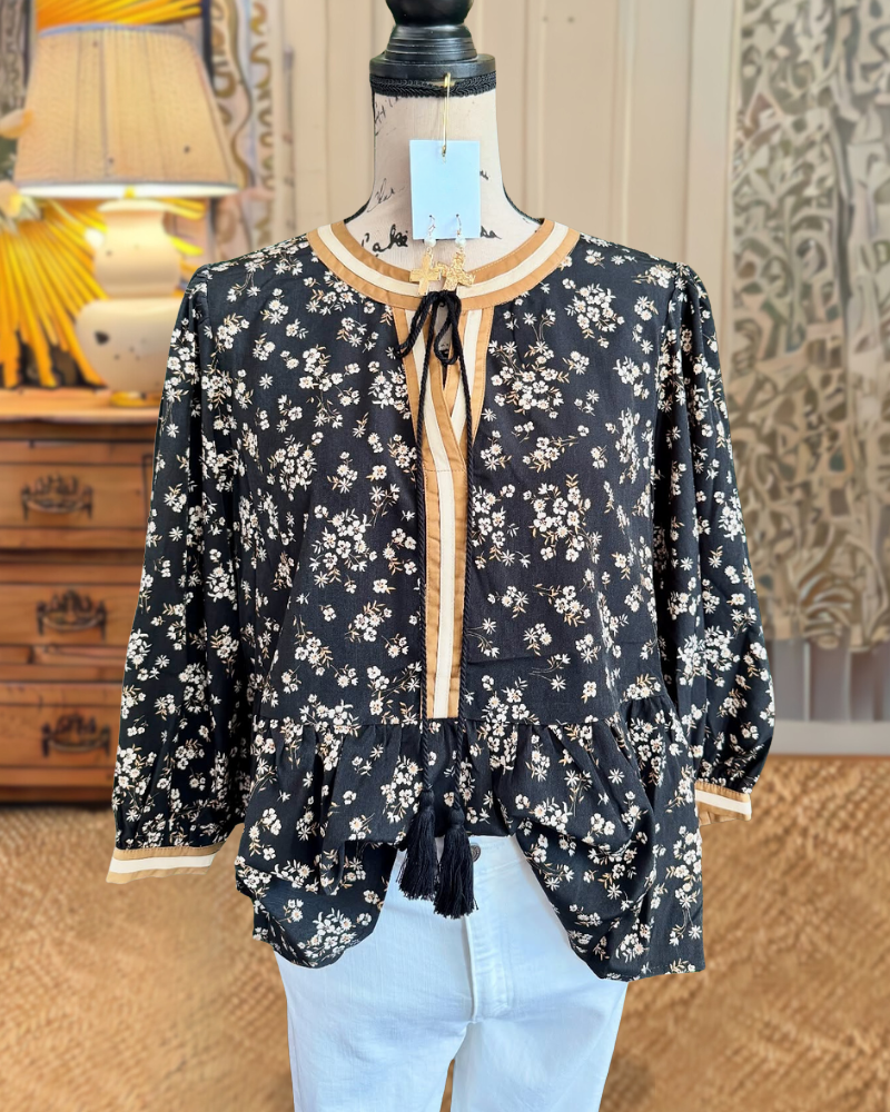 Elegant Floral Stripe Trim Top