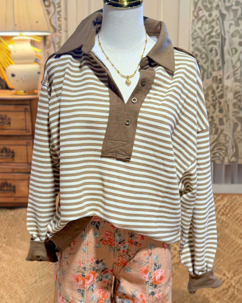 Striped Slub Knit Collared Sweatshirt