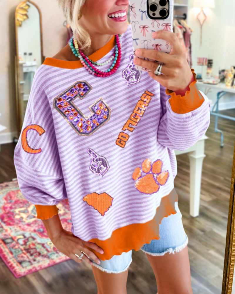 Sparkled Clemson Tigers Striped Sweatshirt