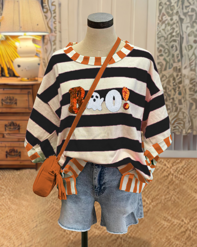 Sequin Boo Halloween Striped Top