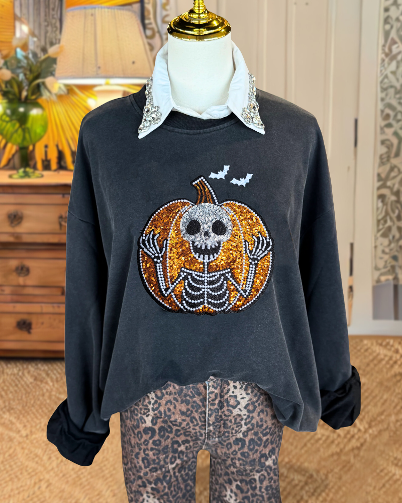 Halloween Pumpkin Skull Sequin Sweatshirt