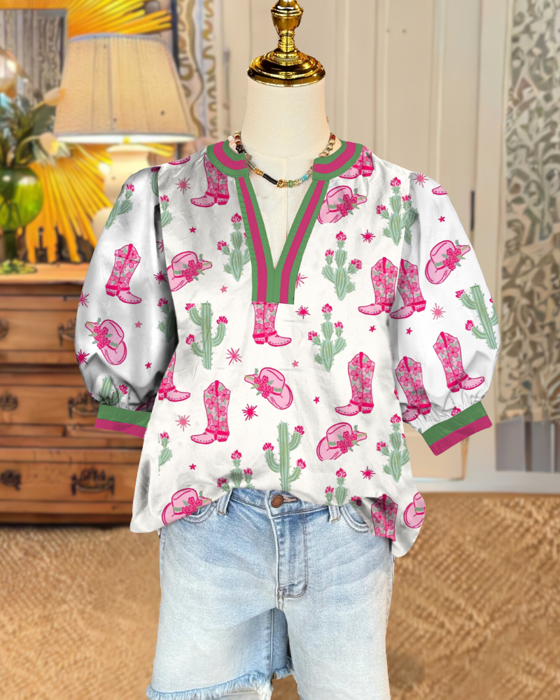 Western Cactus Boots Satin Top
