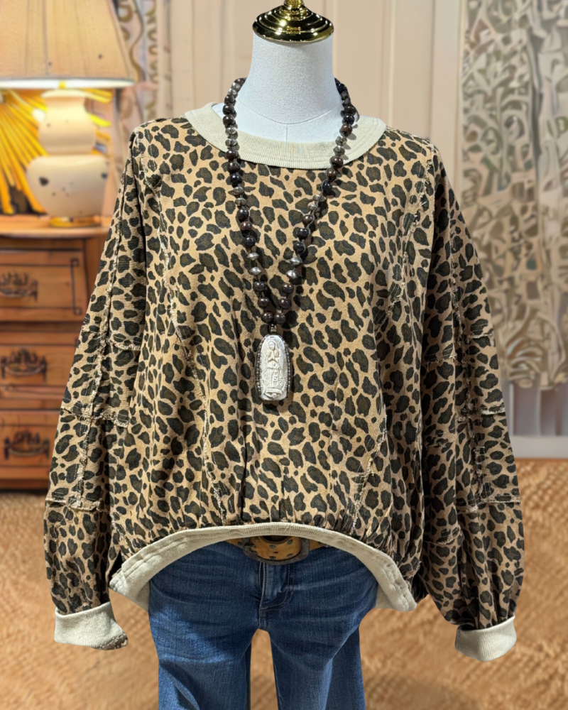 Contrast Stitched Leopard Print Pullover