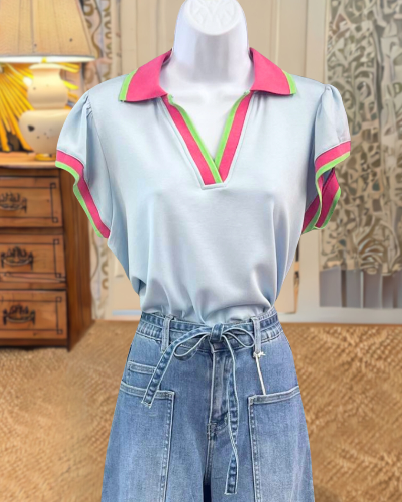 Fun Colorful Tape Collared Top