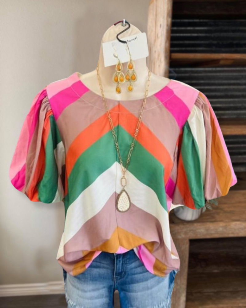 Multi Color Striped Puff Sleeve Top