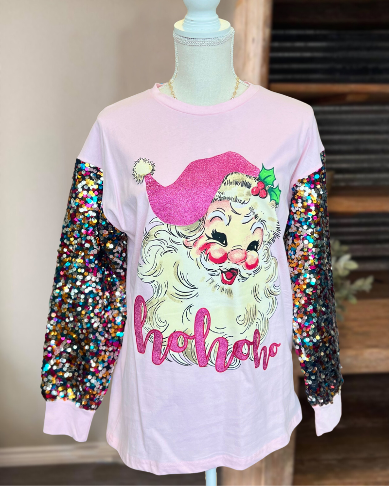 Pink Sequin Sleeve Santa Top