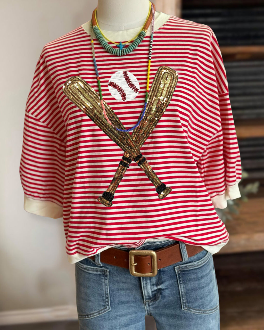 Baseball Sequin Striped Tee