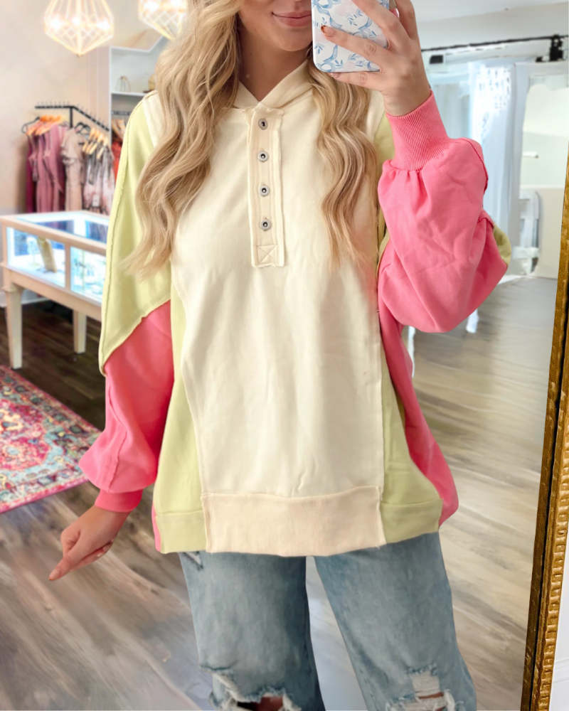Colorblock Half-Open Collar Button Pullover