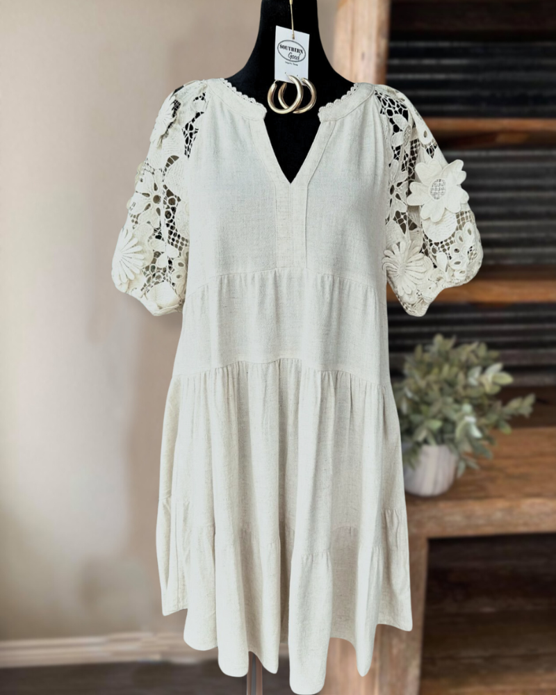 Lace Sleeve Linen Dress