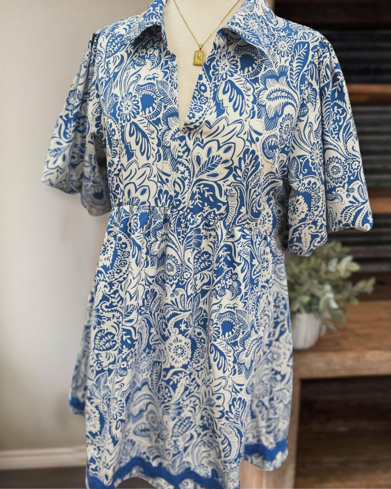 Blue Paisley Puff Sleeve Dress