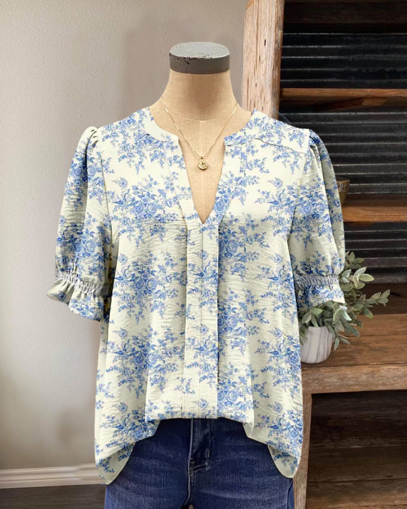 Floral Print Textured Puff Sleeve Top