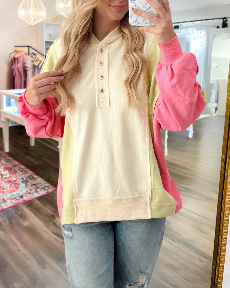 Colorblock Half-Open Collar Button Pullover