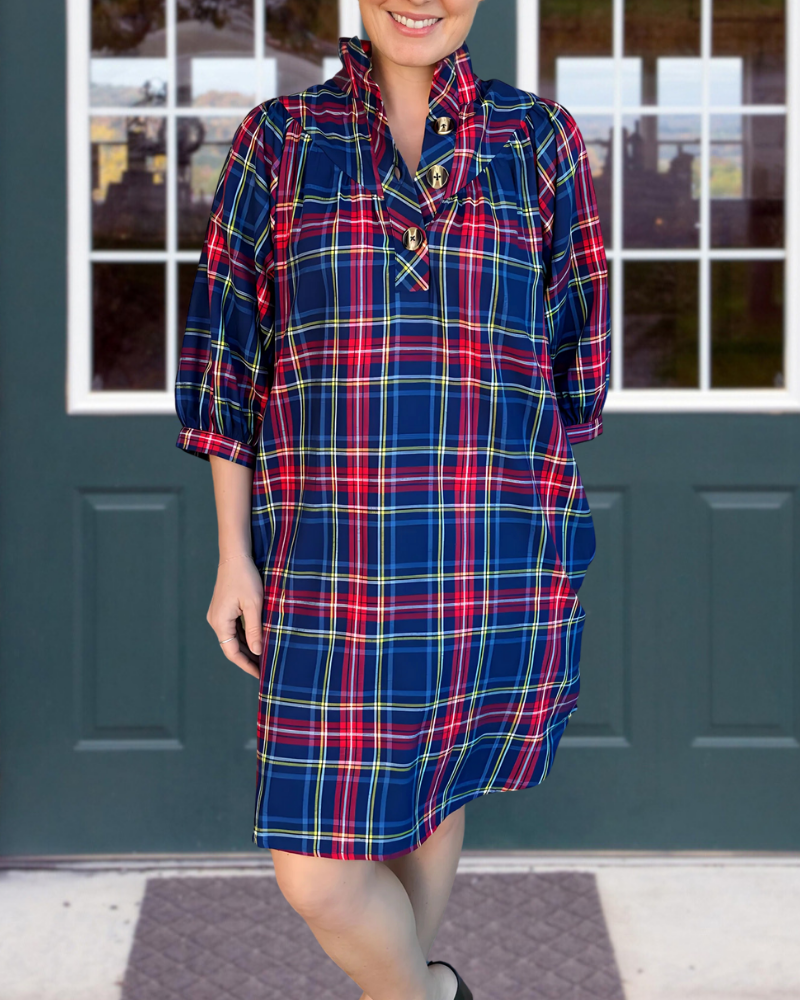 Colorblock Plaid Half Collar Button Dress
