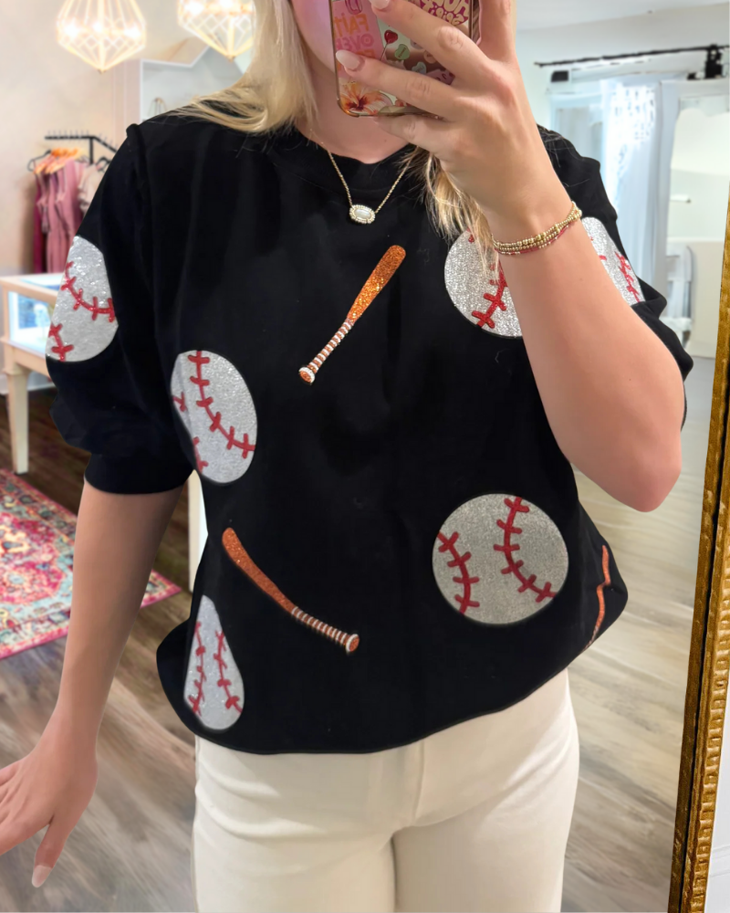 Baseball Sequin Crew Neck Top