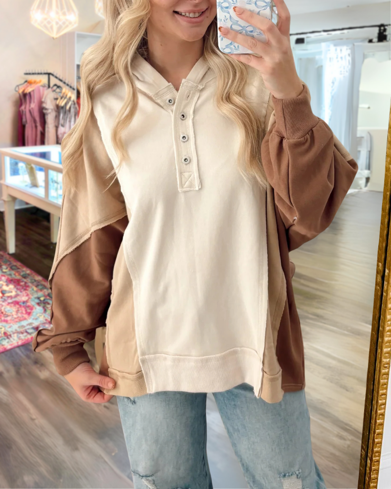 Colorblock Half-Open Collar Button Pullover
