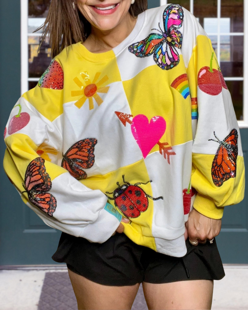 Butterfly Sequined Plaid Sweatshirt