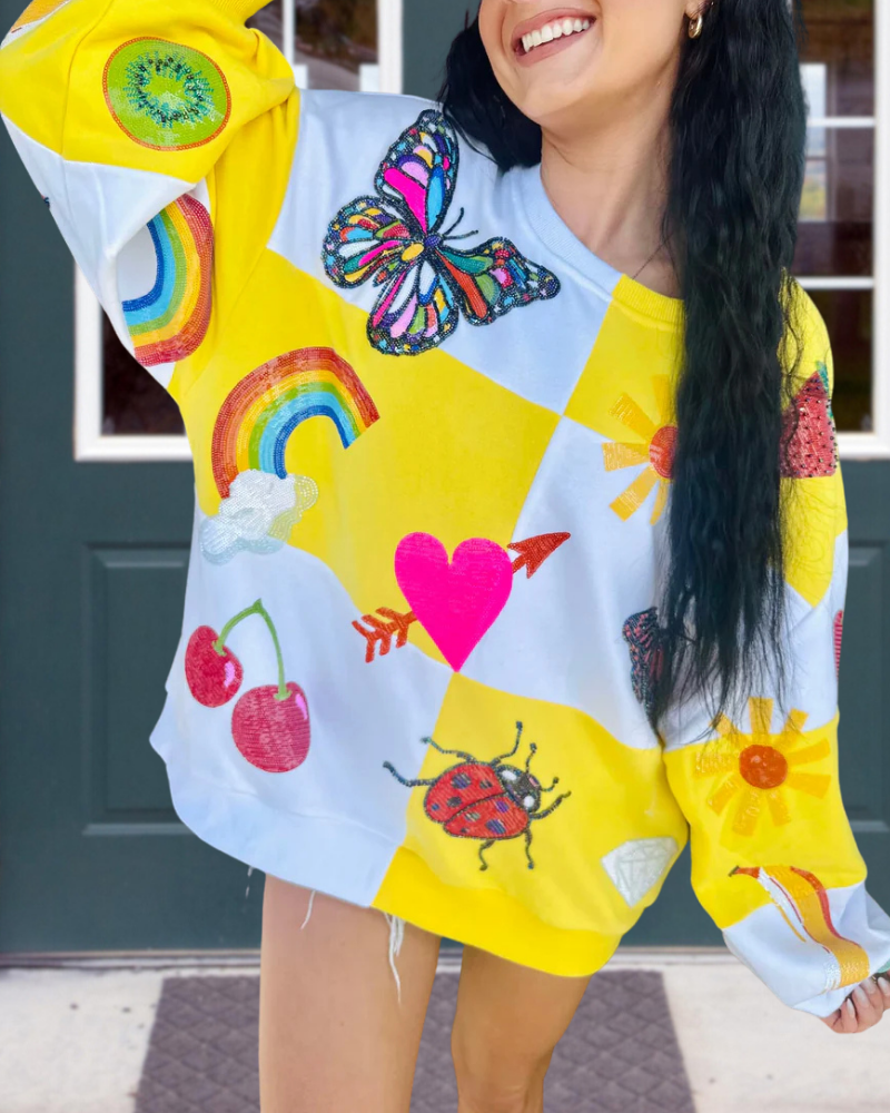Butterfly Sequined Plaid Sweatshirt