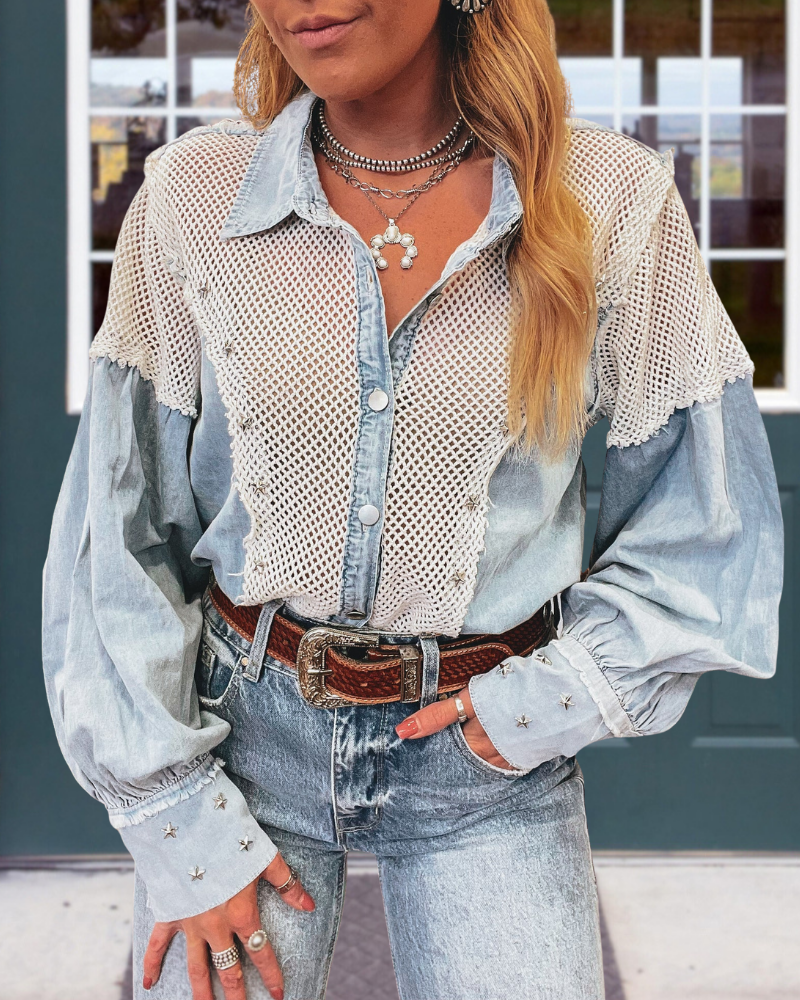 Rhinestone Grid Patchwork Shirt