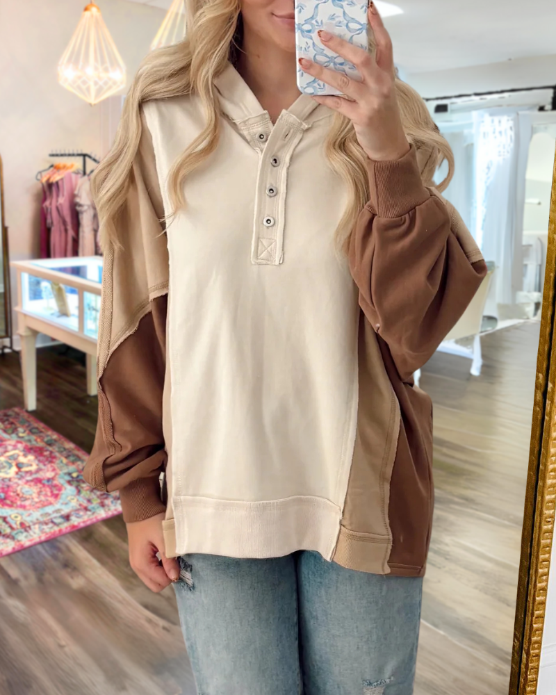 Colorblock Half-Open Collar Button Pullover