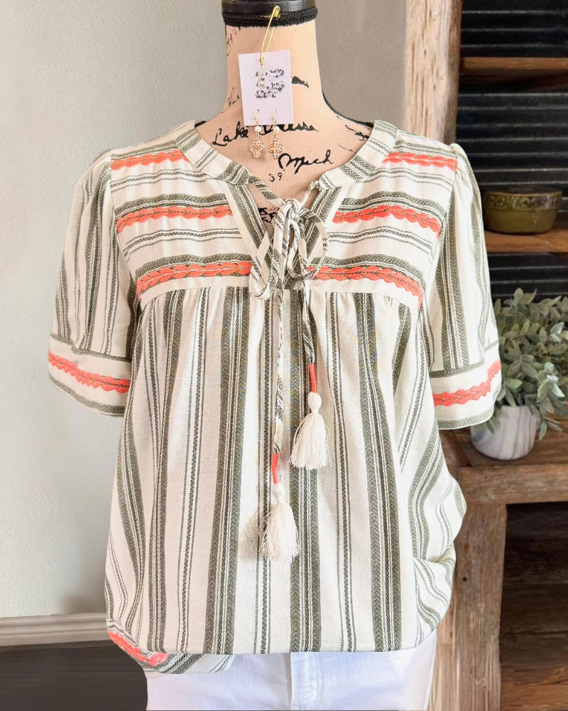 Striped Embroidered Drawstring Top