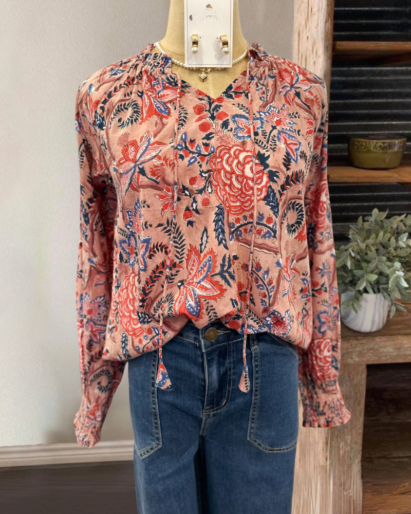 Elegant Mixed Floral Drawstring Top