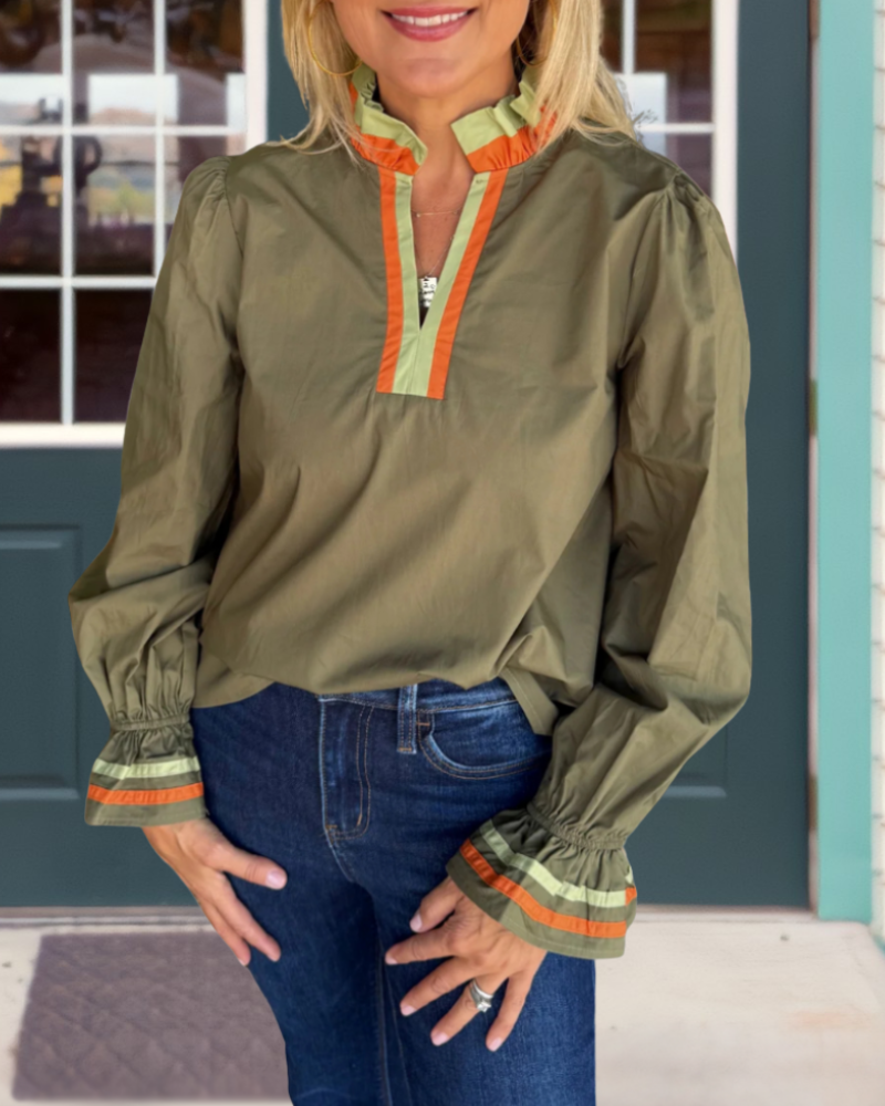 Ruffled Stripe Trim V-Neck Top