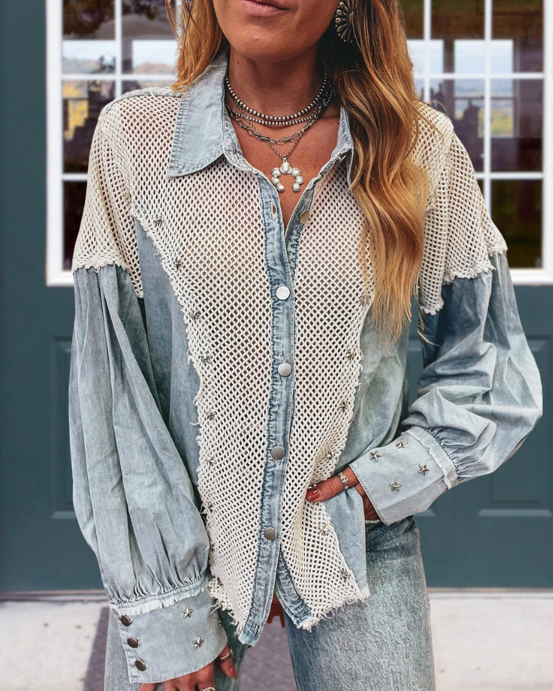 Rhinestone Grid Patchwork Shirt
