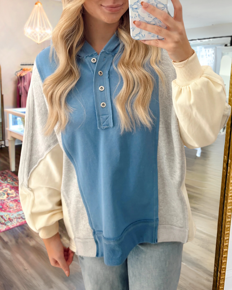 Colorblock Half-Open Collar Button Pullover
