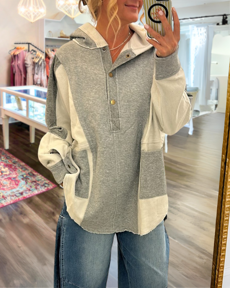 Oversized Colorblock Half-Button Hoodie