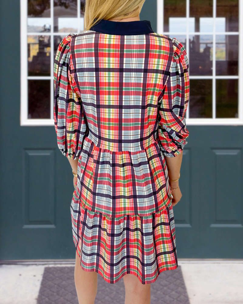 Colorful Plaid Layered V-Neck Dress