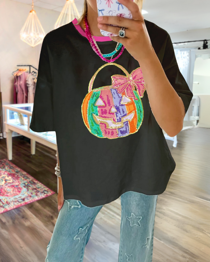 Colorful Pumpkin Butterfly Sequin Tee