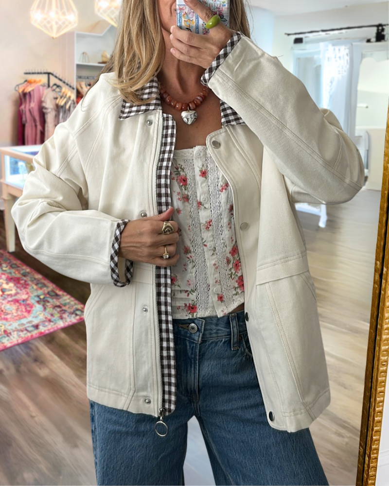 Trendy Plaid Trim Overalls Jacket