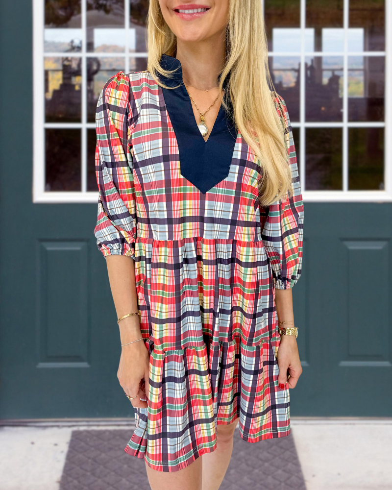 Colorful Plaid Layered V-Neck Dress