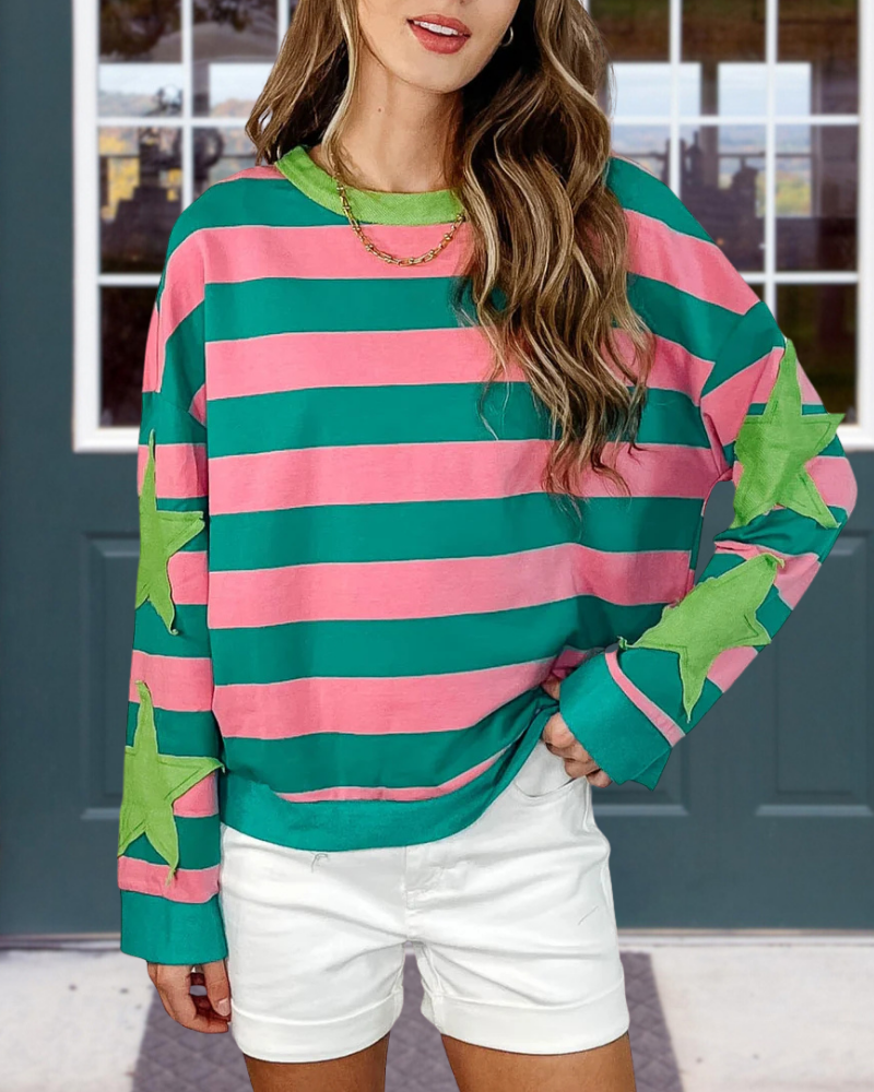 Star Patch Colorblock Striped Sweatshirt