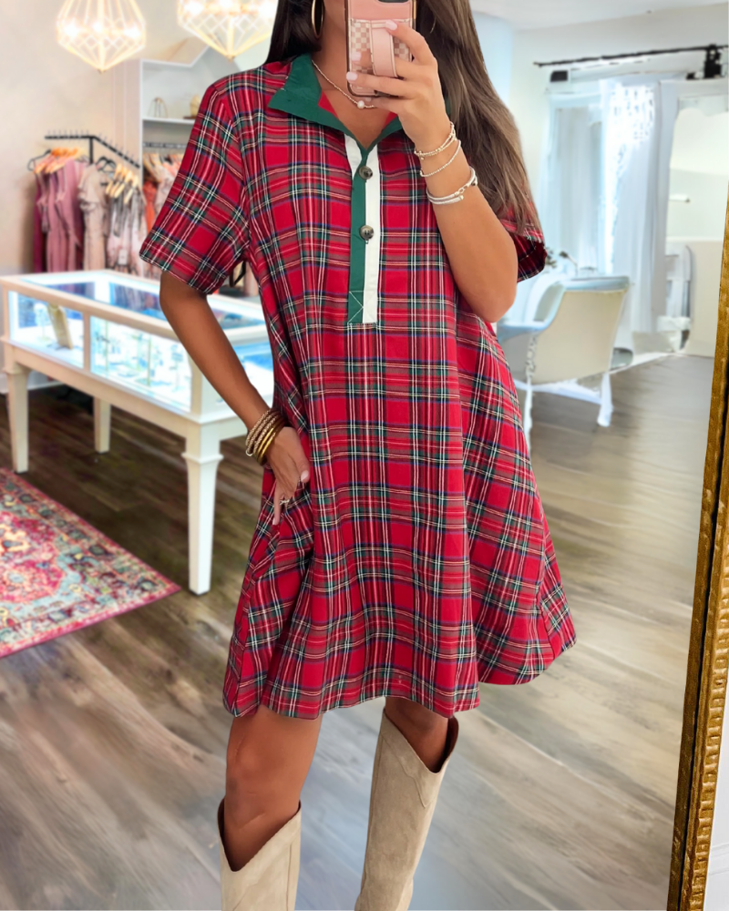 Contrast Half-Open Collar Plaid Dress