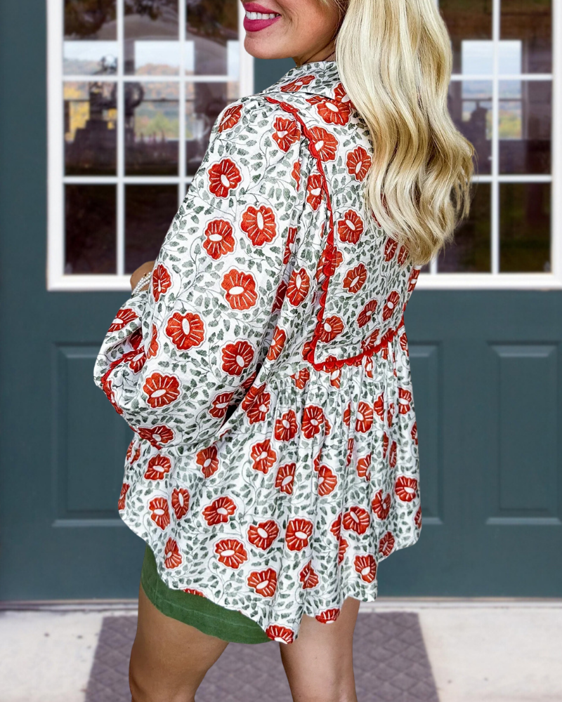 Chic Floral Leaf Puff Sleeve Top