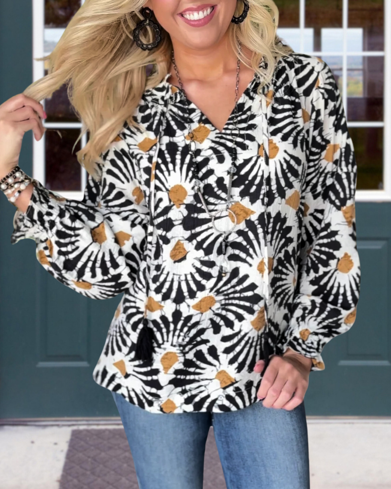 Abstract Ink Floral V-Neck Top