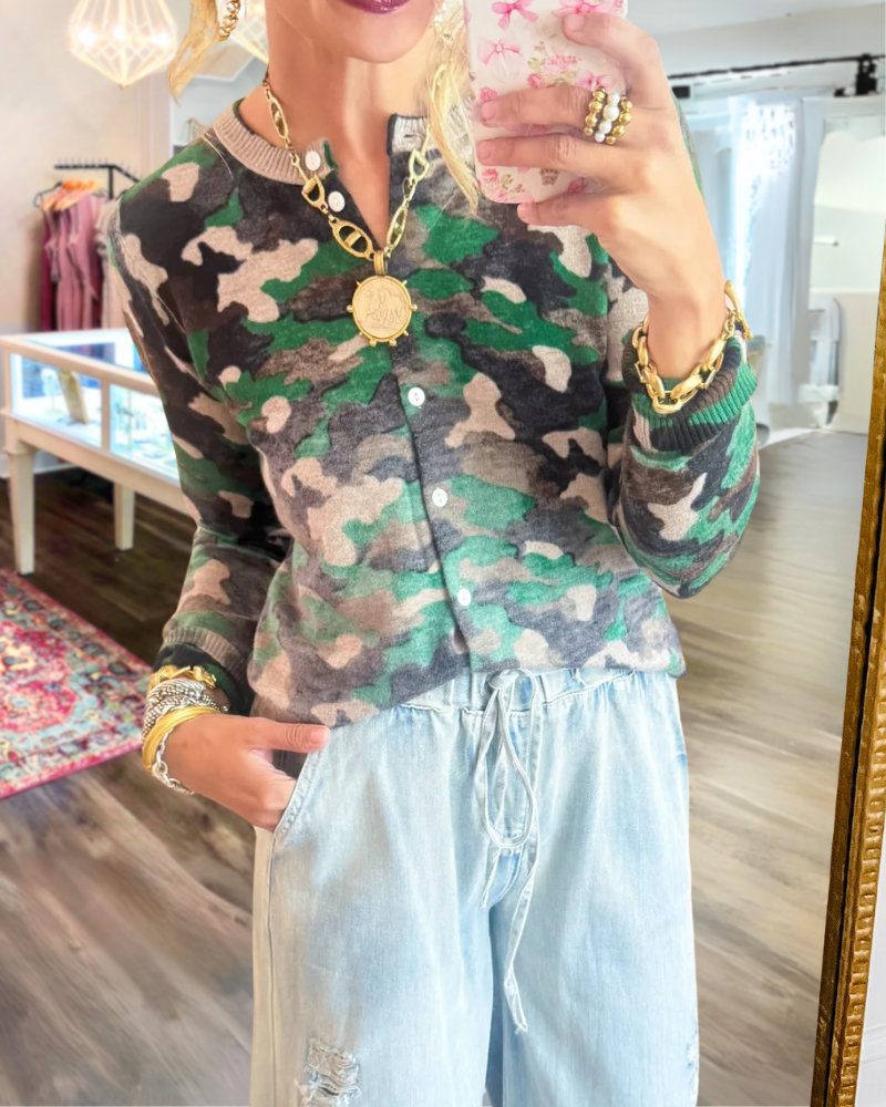 Camouflage Ribbed Trim Cardigan Sweater