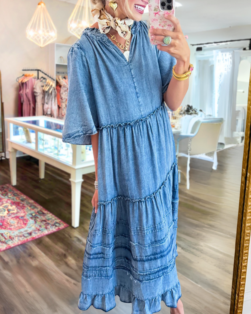Ruffled Layered Denim Maxi Dress