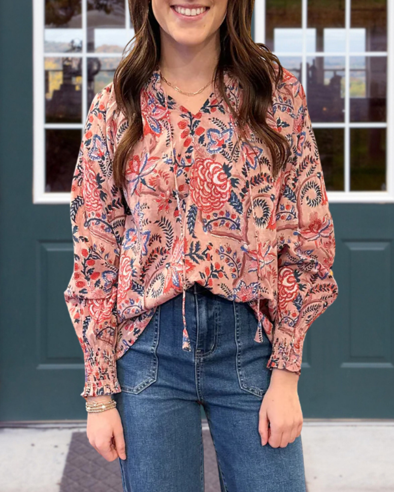 Elegant Mixed Floral Drawstring Top