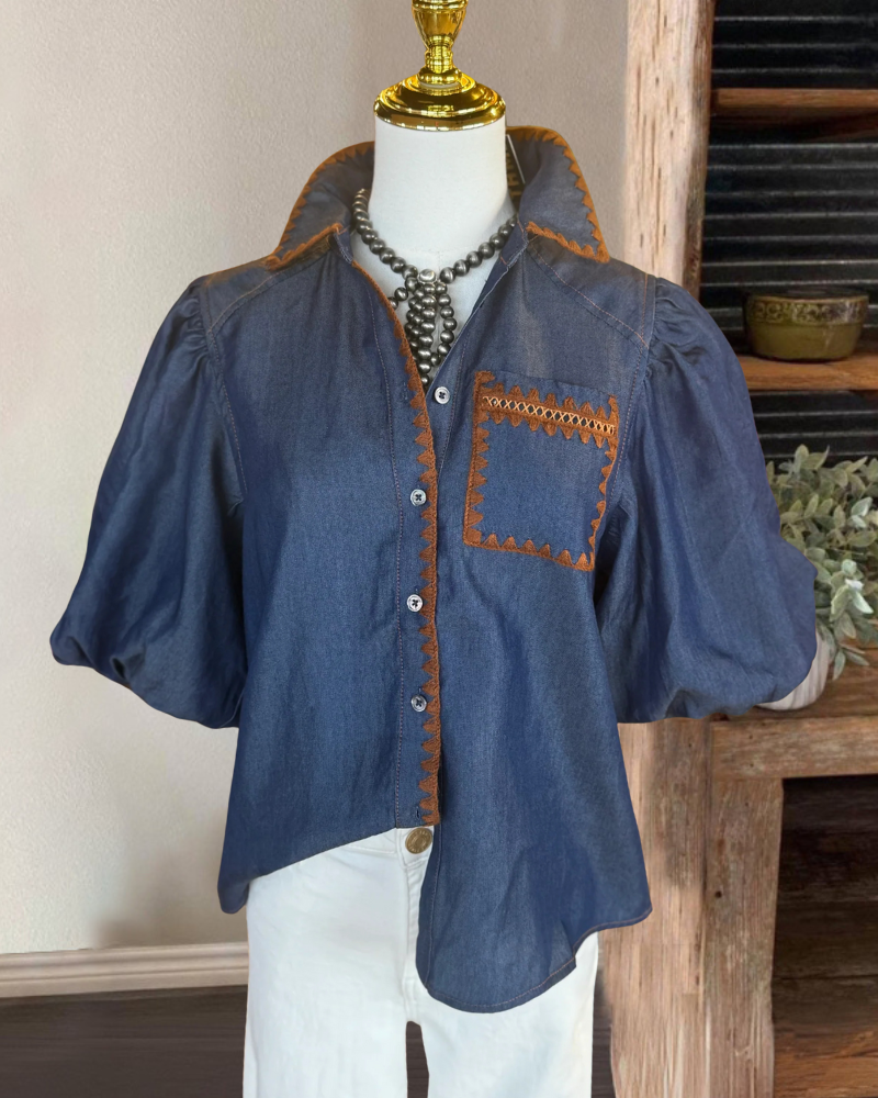Unique Wave Trim Embroidered Shirt